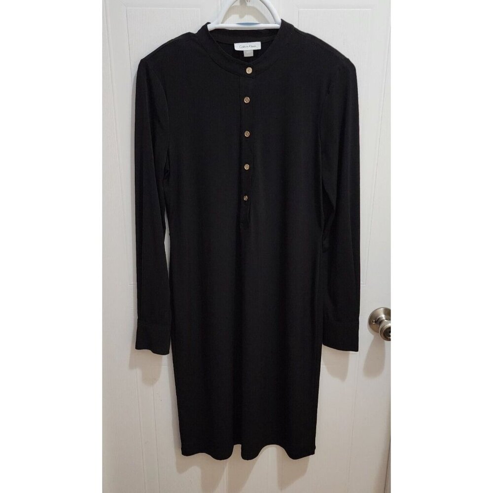 Calvin Klein Women's Long Sleeve Half Button Dress Polyester/Spandex Black Sz 6